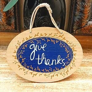 Wood Wal Hanging GIVE THANKS Oval Blue Positive Family Holiday Room‎ Cottagecore